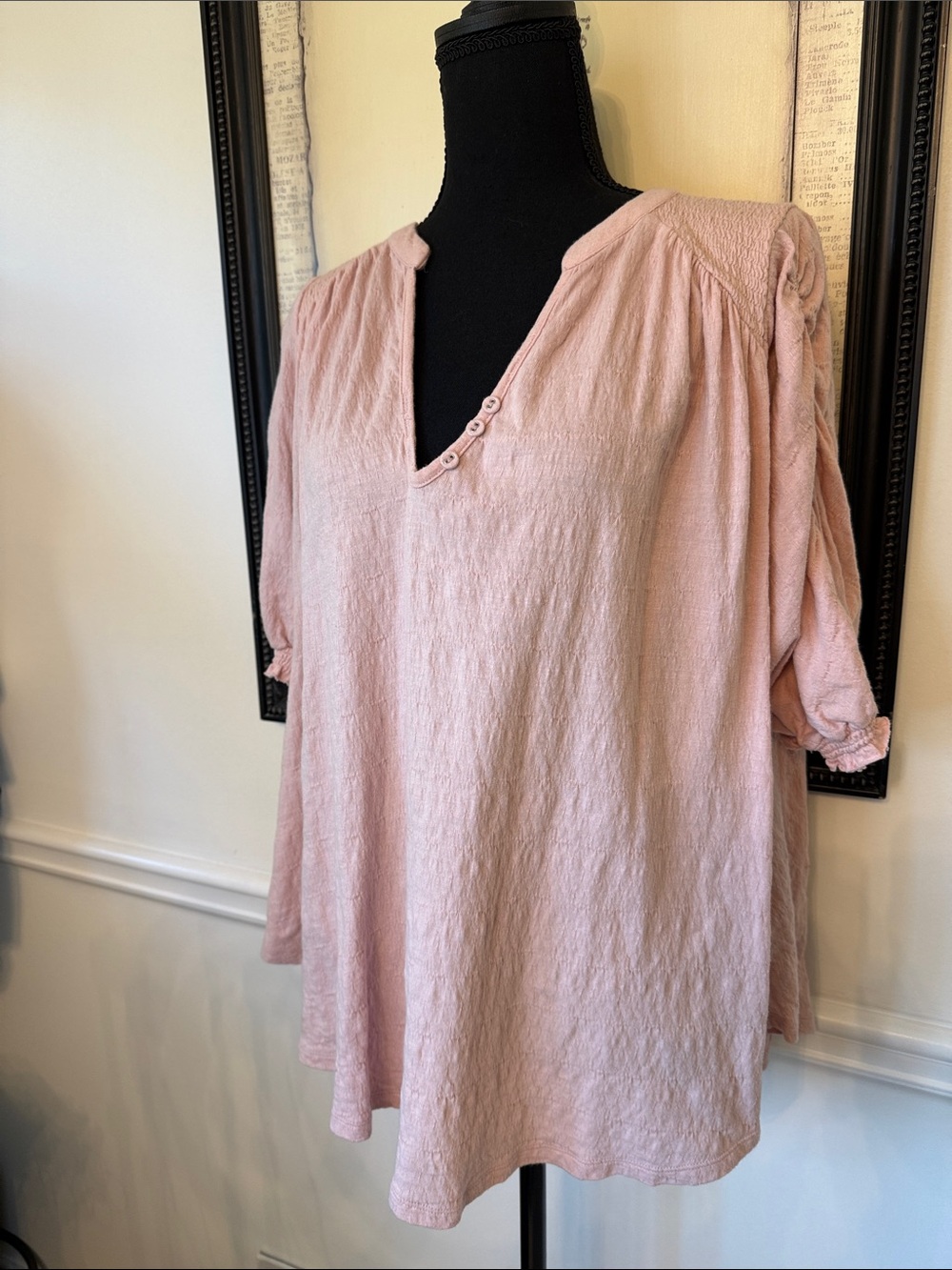 Free People Dusty Pink Cotton Short Sleeve V-Neck Blouse L